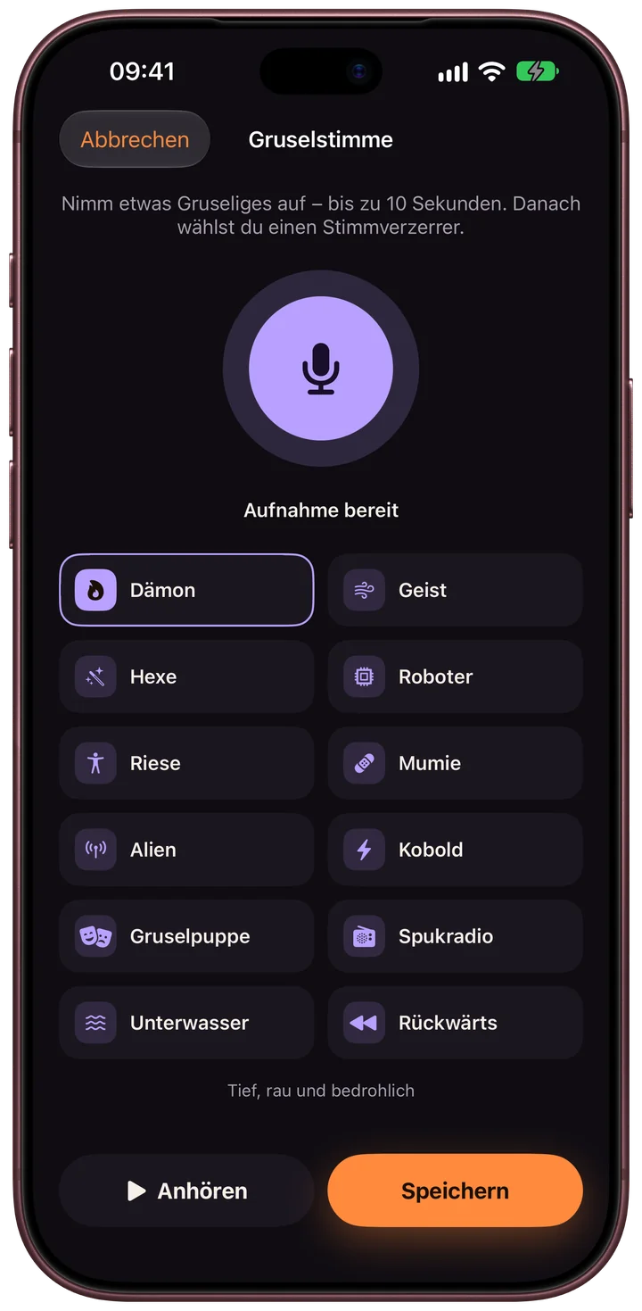 Scarebulum Sprachrekorder auf dem iPhone mit 13 Stimmeffekten