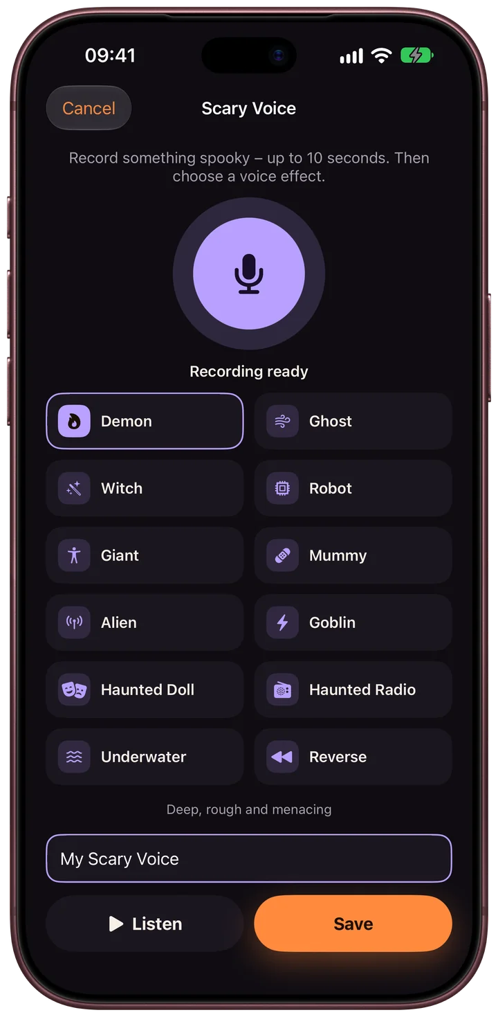 Scarebulum voice recorder on iPhone with 13 voice effects